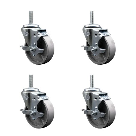 Service Caster 4 Inch Semi Steel Wheel Swivel 58 Inch Threaded Stem Caster Set with Brake SCC SCC-TS20S415-SSR-TLB-58212-4